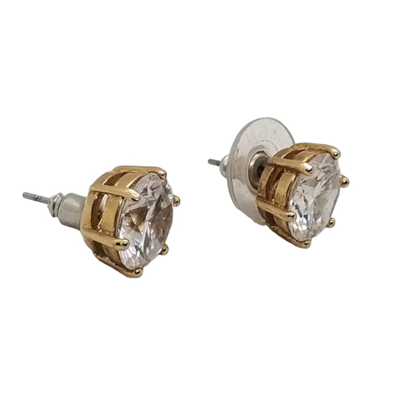 NWOT LARGE  ROUND BRILLIANT FACETED CUBIC ZIRCONIA & GOLDPLATED STUD EARRINGS - Picture 6 of 7